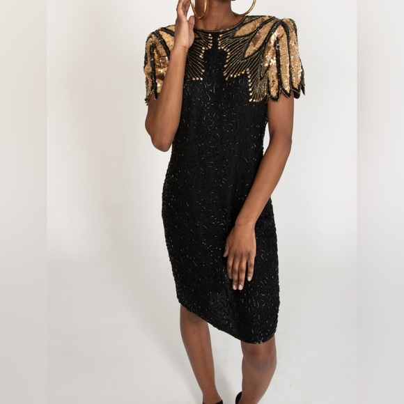 J.M.C Silk Vintage Stunning Black & Gold Beaded Sequin Sexy Evening Gown Size XL - Picture 1 of 11
